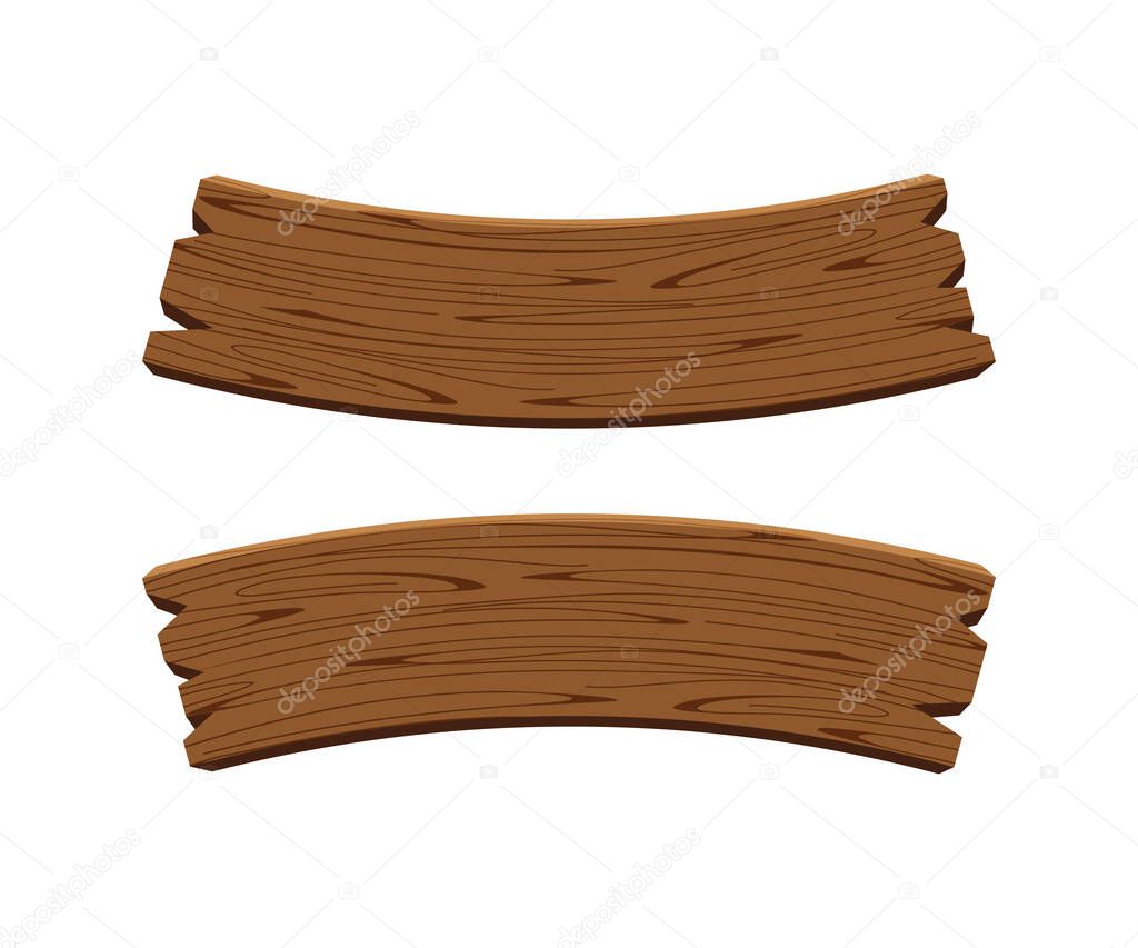 curved wooden planks isolated on white background, wood plank curve for signs and copy space, wooden signs curve shape, empty wood plank dark brown for message text