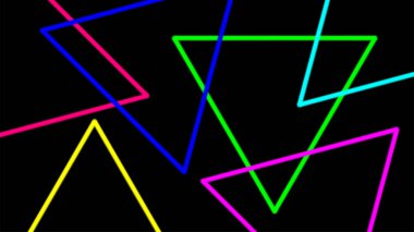 Arkaplan için üçgen şekilli renkli ışık demeti, siyah renk üzerinde gece ışığı efekti, geometrik üçgen LED ışığı parlak, duvar kağıdı grafiği için neon ışıklı üçgen şekli