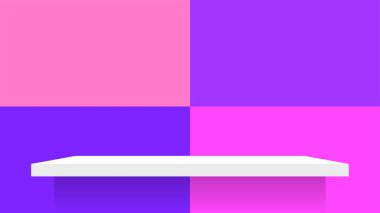 mor duvarlı mozaik fayanslar ve tahta raf beyaz ürün gösterimi için, duvar kare deseni ve masa rafları kozmetik için, duvar boyası yumuşak, masa tahtası mor kare şeklinde ve şık