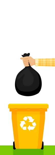 Kéz Gazdaság Fekete Műanyag Szemetes Zsák Sárga Szemetes Táskák Hulladék — Stock Vector