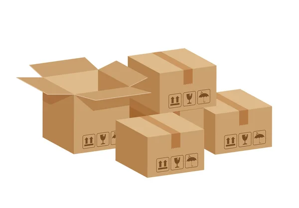 Kastenboxen Braun Stapeln Und Schachtel Offen Isoliert Auf Weiß Pappschachtel — Stockvektor