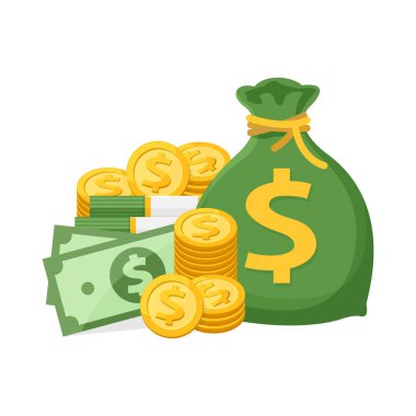 Madalya desteleri, altın para ve para çantası beyaz üzerine izole edilmiş, banknot para ve çuval ikonu, banknot ve madalya dolar altın para sembol bilgileri için, para çuvalı düz resim