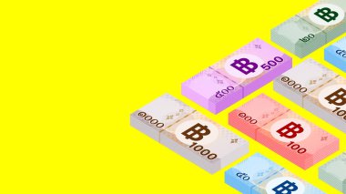 yığın banknot parası thai baht (1,000, 500, 100, 50, 20 tip), yığın para THB, iş ve finans konsepti için banka notu para, web pankartı ve tasarruf medyası için kağıt para, kopya uzay metni