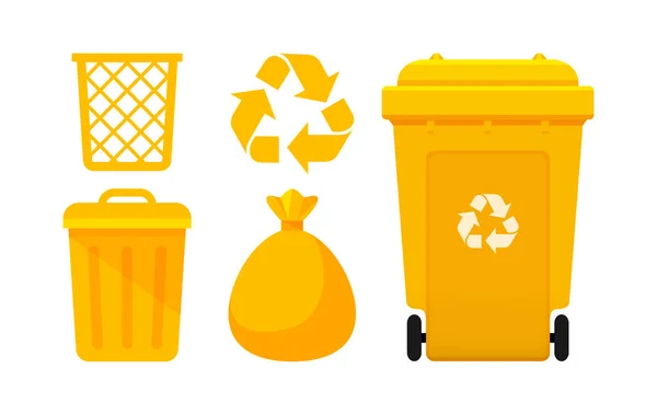 Gelbe Müllabfuhr Papierkorb Und Gelbe Plastiktüten Abfall Isoliert Auf Weiß — Stockvektor