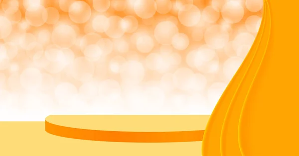 オレンジ色の台座ステージ3D上のボケとカーテン 化粧品製品のディスプレイのためのカーテンとステージ表彰台オレンジ 背景のための台座スタンドデラックス 賞と成功の概念のためのステージ台座 — ストックベクタ