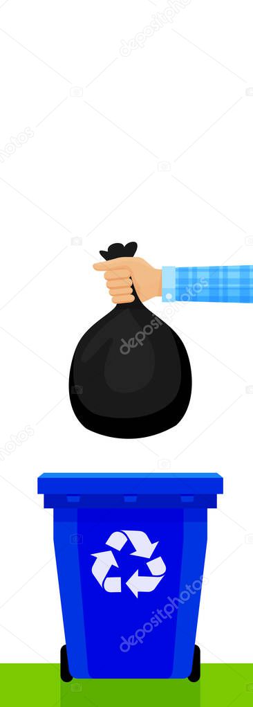 hand holding black plastic trash bag and blue bin, bags waste and hands throwing garbage isolated on white, plastic bags of garbage waste in hand, bin bag plastic for disposal garbage and copy space