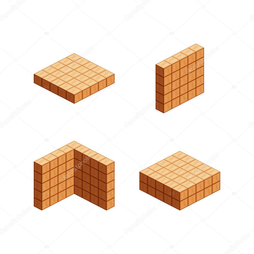 wooden cubes isometric for children learning, tower wood cubes sample different isolated on white, 3d cubes wood for logic counting of preschool children, block wooden square for mathematical game kid