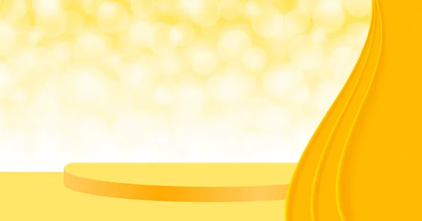 黄色の台座ステージ3D上のボケとカーテン 化粧品製品のディスプレイのためのカーテンとステージ表彰台黄色 背景のための台座スタンドデラックス 賞と成功の概念のためのステージ台座 — ストックベクタ