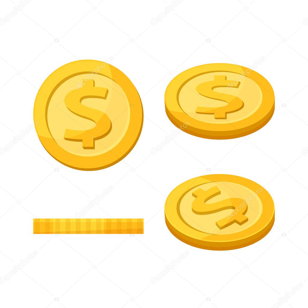 Golden medal dollar coin isolated on white background, Dollar coin gold icon, Medal dollar gold sign, Money coin financial symbol illustration, Currency coin symbol of business finance, Medal cartoon