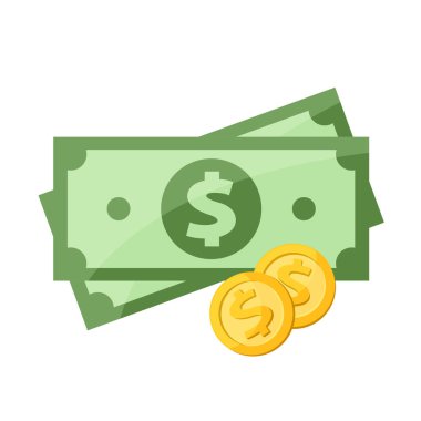 klip sanatı için banknot para ve madalya, altın para banknot para beyaz izole para, illüstrasyon banknot para düz, banka notu ve madalya dolar altın para sembol bilgi ikonu