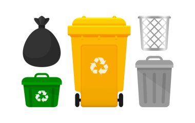Çöp Toplama, Sarı Geri Dönüşüm Kutusu ve Plastik Torbası Atık, Geri Dönüşüm Atık Sembollü Çöp Kutuları, Çöp Kutuları ve Çöp Torbası Plastik Önden Görünümü, 3r Çöp Kutusu
