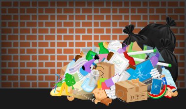 pile garbage waste plastic many at brick wall, stack garbage plastic and paper many dump, different types waste (organic, plastic, glass, metal, paper and electronic e-waste), pollution garbage waste clipart