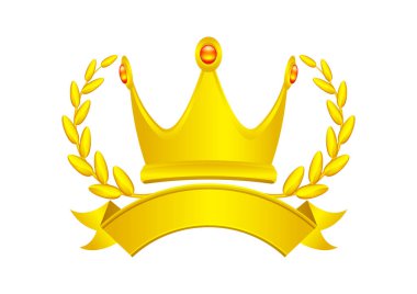 Beyaz, yuvarlak çerçeveli altın çelenk ikonu, altın taç, klasik altın taç, kurdele altın taç ve defne çelengi lüks süs kraliyet tacı veya kraliçe için.