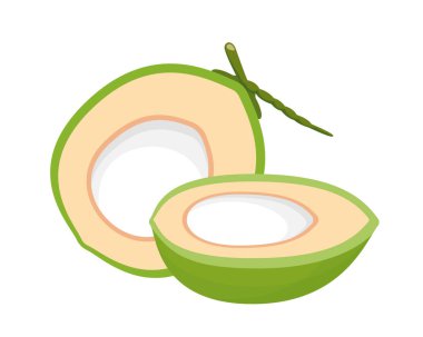 Beyaz arka planda izole edilmiş hindistan cevizi, sağlıklı yemek menüsü için yarısı dilimlenmiş hindistan cevizi meyve suyu, hindistan cevizi yaz meyvesi konsepti, kırpma sanatı için yeşil hindistan cevizi.