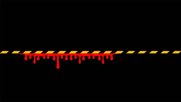 Tape Line Gelb Schwarzer Streifen Und Bluttropfen Isolierter Schwarzer Hintergrund — Stockvektor