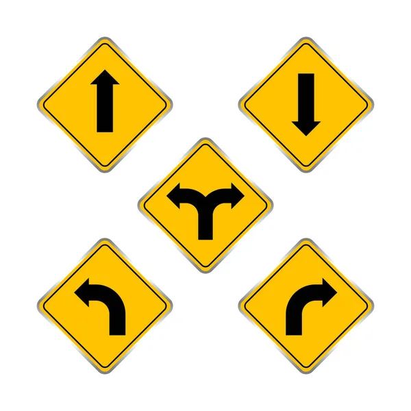 道路标志黄设置 交通标志黄隔离在白色 路标指示 路标和黑色箭头指示 — 图库矢量图片
