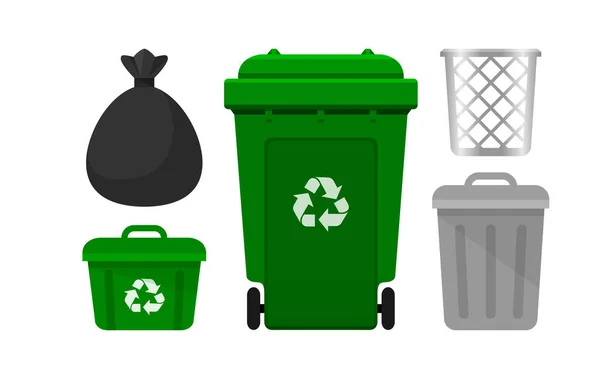Çöp Kutusu Koleksiyonu Yeşil Geri Dönüşüm Kutusu Beyaz Arka Planda — Stok Vektör