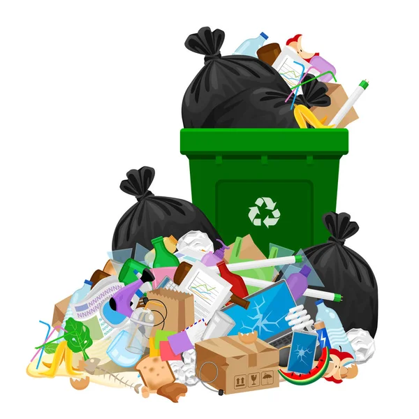 Σωρός Απορριμμάτων Και Πλαστικών Σακουλών Πράσινο Κάδο Ανακύκλωσης Που Απομονώνονται — Διανυσματικό Αρχείο
