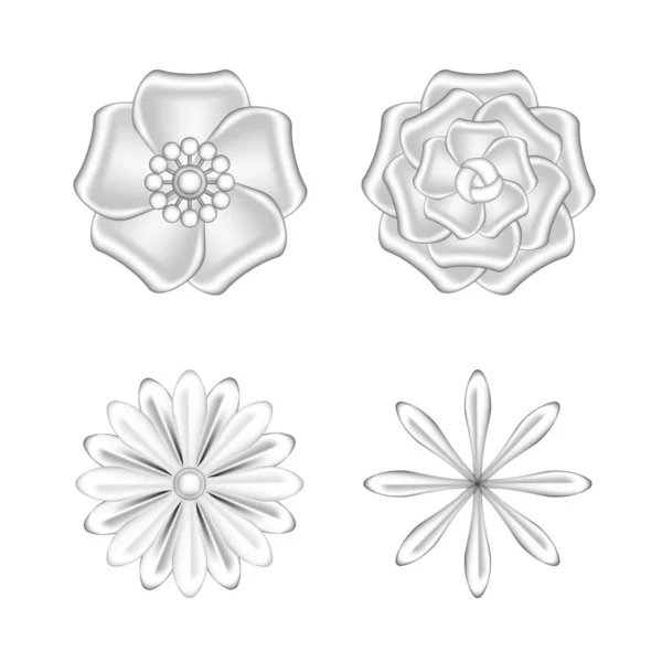 Kollektion Blommor Silver Utsmyckade Isolerad Vit Bakgrund Lyx Blomma Kronblad — Stock vektor