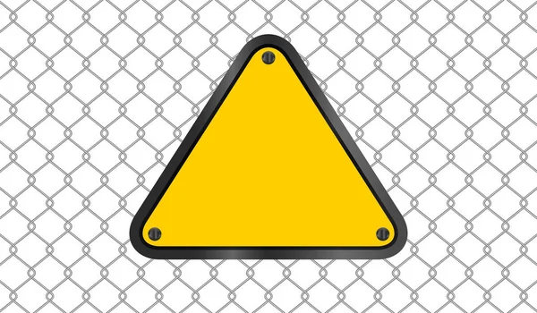 Aviso Emblema Triángulo Amarillo Fondo Malla Alambre Signo Precaución Rejilla — Vector de stock
