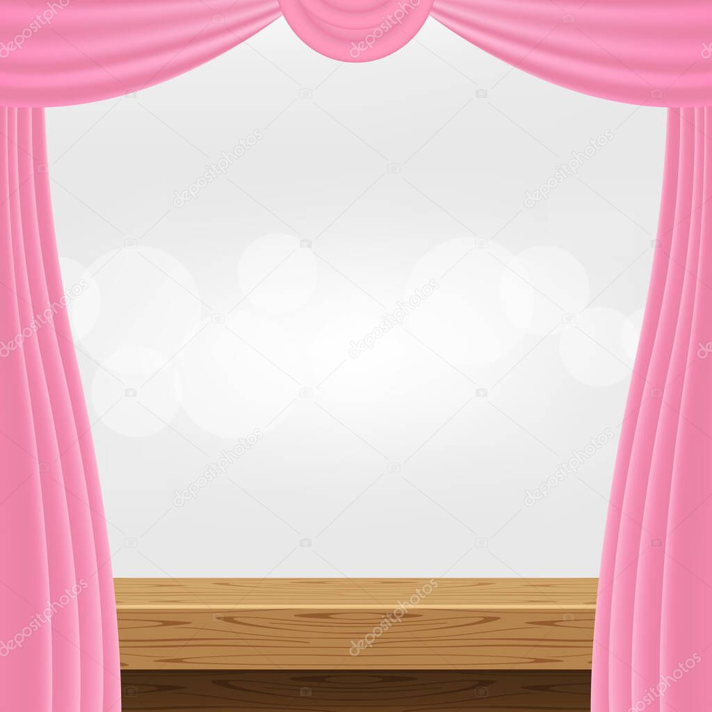 empty wood table and luxury pink curtains for advertise product display, wooden top table decoration with curtain, wood plank board space for banner copy space text, tabletop front view for banner ad