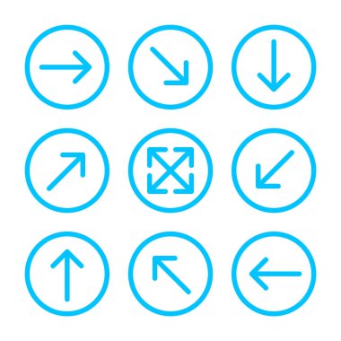 ok çizgisi çember, yön ok işaretçisi için ayarlandı, dairesel oklarda oklar mavi, ok düğmesi basit grafik, ui uygulaması için çizgi ok sembolü, düğme arayüzü için dairesel ok başı sembolü