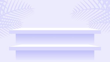 Duvardaki ahşap raf mor pastel yumuşak renk, modern raf uzay duvarı odasında sergilenmek için, dekorasyon için şirin ve şık masa paneli, arkaplan kopyalama alanı için boş masa üstü paneli