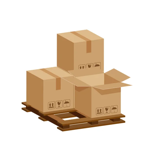 Cajas Cajas Cartón Abiertas Paleta Madera Paleta Madera Con Caja — Vector de stock