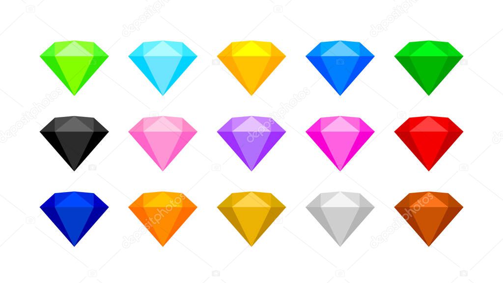 colorful diamond gemstone for jewelry isolated on white, flat diamonds color set, crystal gems various colors, Illustration diamond gems, shiny diamond icon, clip art gemstone, jewellery of items game