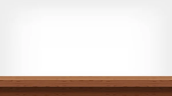 木制木板空前视图为背景和复制空间 空白桌子顶部木制褐色为装饰房间 老式木板为背景 木制桌子为灰色墙壁 桌子木板前视图 — 图库矢量图片