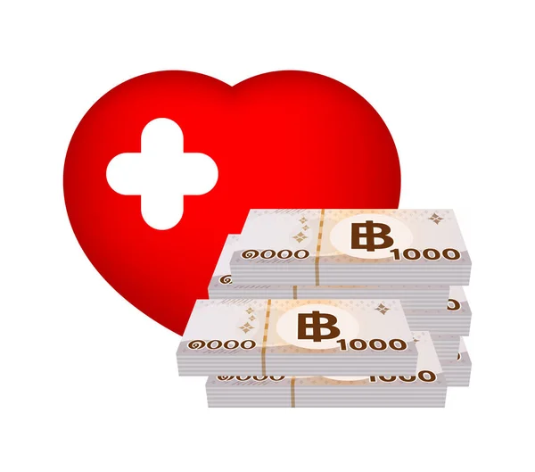 Pile 000 Baht Thai Banknote Money Red Heart Shape Sign — Stock Vector
