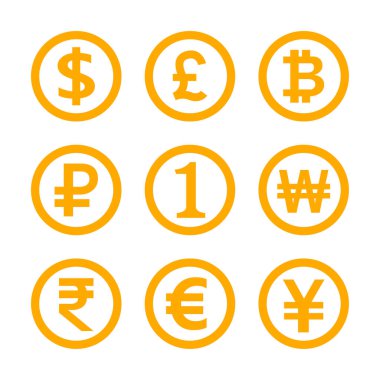 para sembolü belirlenmiş beyaz, uluslararası, para birimi simgesi sarı altın, finans klipsi sanat, para birimi işareti dolar, avro, baht, yen, bir, 1, won, rupi ve diğerleri için altın para amblemi
