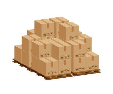Yığınla sandık, ahşap palette 3D, fabrika deposunda karton kutulu ahşap palet, karton kutular, depo fabrikası yığını, ambalaj kargosu, beyaz üzerine izole kahverengi kutular.