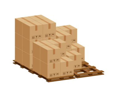 Yığınla sandık, ahşap palette 3D, fabrika deposunda karton kutulu ahşap palet, karton kutular, depo fabrikası yığını, ambalaj kargosu, beyaz üzerine izole kahverengi kutular.