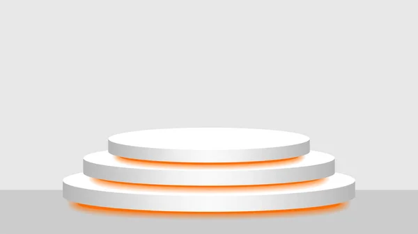 円形の台座3D白とオレンジのライトネオンランプが輝く 化粧品は近代的で主導の光を表示し 位置の装飾のための表彰台のステージショーオレンジ蛍光灯光 製品の場所のための台座ボックス — ストックベクタ