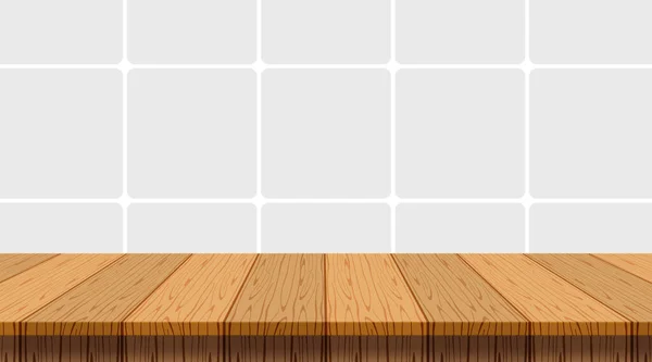 Holztisch Leer Auf Wandfliesen Keramikhintergrund Tischplatte Und Kopierraum Text Platte — Stockvektor