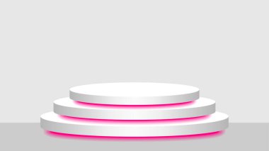 dairesel kaide 3d beyaz ve pembe ışıklı neon lamba, kozmetik modern ve öncü ışık, podyum sahne gösterisi pozisyon dekoru için pembe floresan parlak ışık, ürün yeri için kaide kutusu