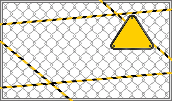 ワイヤーメッシュと三角形の警告サインの注意テープラインストライプ 白い背景に隔離されたワイヤーメッシュ上の三角形のサイン黄色 リボンテープや快適安全ゾーンと警告スペース コピースペース — ストックベクタ