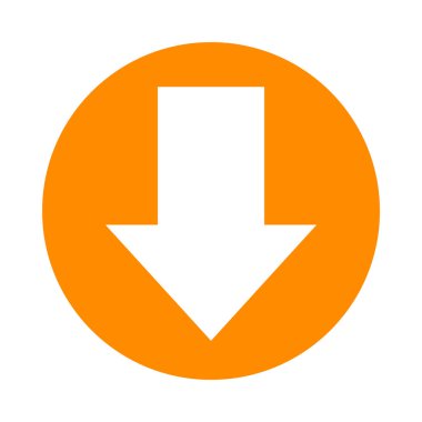 Beyaz üzerine izole edilmiş simge için beyazı turuncu daire şeklinde gösteren ok, düğme arayüzü uygulaması için çember ok, sıradaki ok işareti veya gönderme için indirme, yön için basit ok sembolü