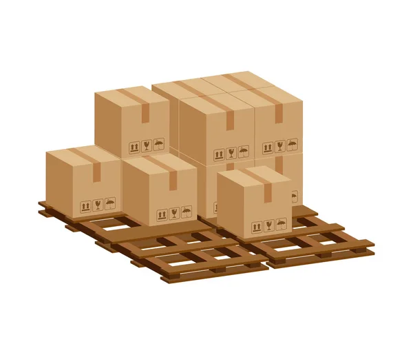 Cajas Cajas Cartón Paleta Madera Paleta Madera Con Caja Cartón — Vector de stock