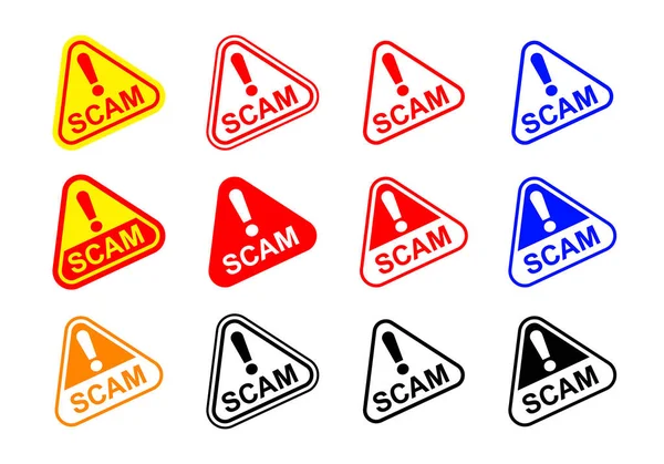 Scam Triangle Étiquette Signe Isolé Sur Blanc Arnaque Signe Avertissement — Image vectorielle