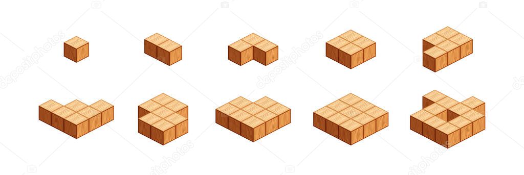 wooden cubes for children learning counting number one to ten, wood cubes sample with different isolated on white, 3d cubes wood for preschool children, block wooden square for mathematical game kids