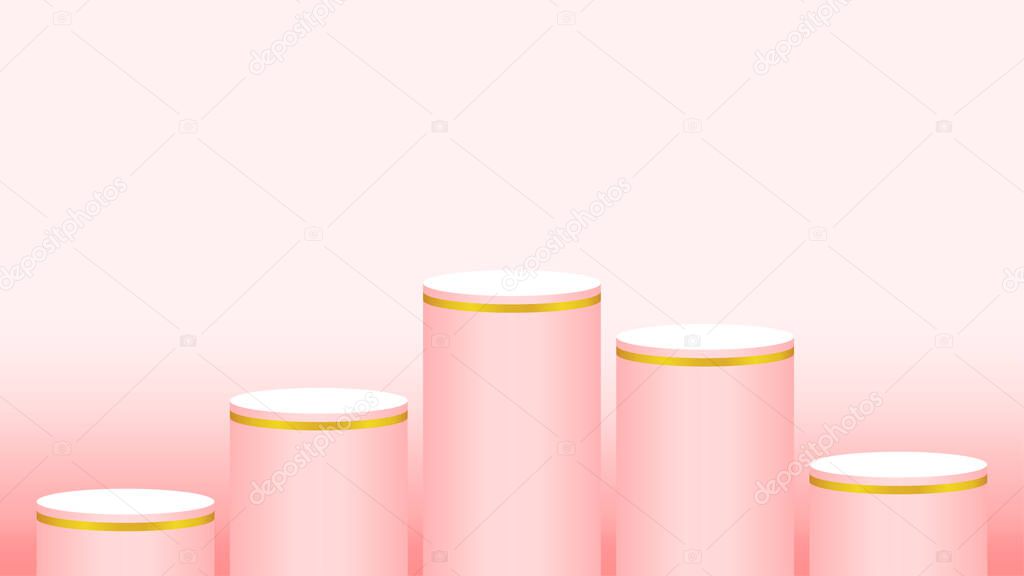 pedestal cylinder circle five steps for cosmetics showcase, podium circle stage red pink soft pastel color, platform 5 steps and advertising copy space, podium round five layers of product display