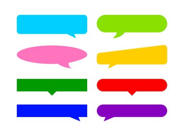 Beyaz üzerine izole konuşma balonu, birçok yatay çerçeve konuşma balonu, metin başlığı için diyalog kutusu balonu renkli, pankart için tartışma sohbet sembolü, konuşmak için çeşitli balon