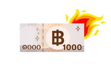 Tayland 1000 baht banknot para ve alev sembolü beyaz, Tayland para birimi 1000 THB, kredi ve hızlı para konsepti, apartman simgesi için para Tayland ve baht, B sembollü kağıt para