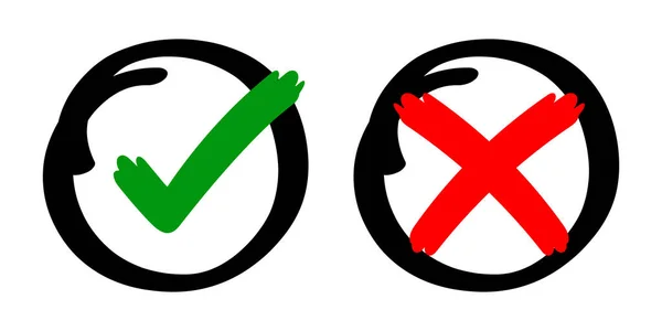 チェックマークのサインはいまたはいない縞模様のブラシの手描き チェックマークの十字または右のチェックマークの選択肢投票 手書きの概念に隔離された投票のためのアイコンのグラフィックの赤緑を受け入れます — ストックベクタ