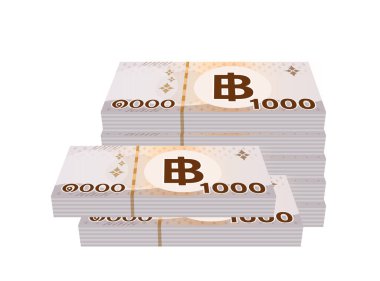 yığın para 1000 baht banknot thai, bin THB tipi para yığını, banka banknot para thailt ve baht iş ve finans ikonu, kağıt para beyaz thai izole
