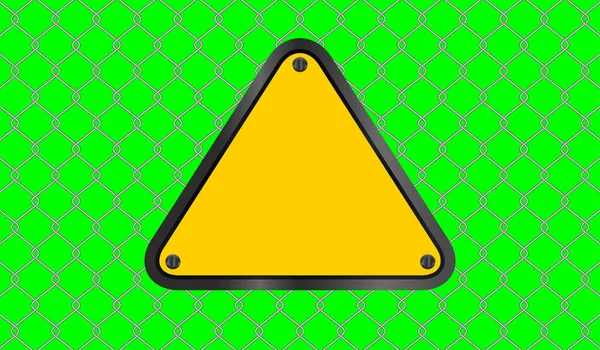 Caution Sign Yellow Triangle Placed Steel Wire Fence Green Screen — Stock Vector
