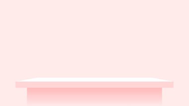 Duvardaki ahşap raf kırmızı pastel yumuşak renk, uzay duvarındaki gösterim için modern raf dekorasyon için şirin ve şık masa başı tahta panel, arkaplan için boş masa üstü paneli, boşluk kopyala