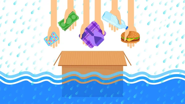 Spendenbox Für Überschwemmungen Geld Medikamente Medikamente Kleidung Lebensmittel Und Trinkwasser — Stockvektor